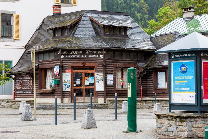 Chamonix Mont-Blanc, France - October 4, 2019: Street view in the center of famous ski resort and French Alpine Club. Chamonix Mont-Blanc, France - October 4, 2019: Street view in the center of famous ski resort and French Alpine Club