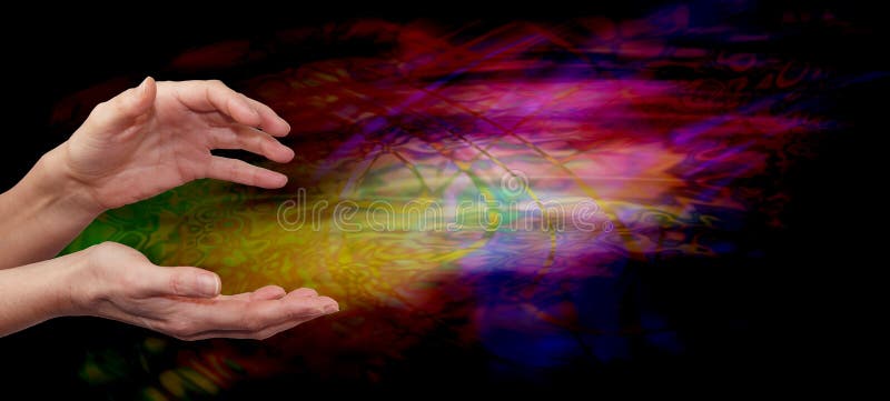 Female outstretched healing hands on psychedelic multi colored flowing energy formation background. Female outstretched healing hands on psychedelic multi colored flowing energy formation background