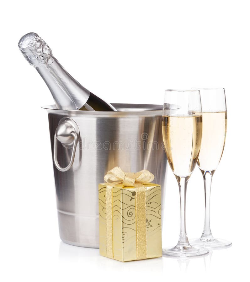 Champagne Bottle In Bucket, Glasses And Gift Box Stock Image Image of