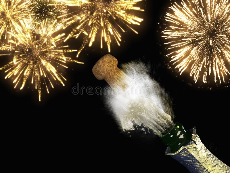 Champagne bottle and cork with lit firework stock photos Champagne bottle and cork with lit firework stock photos