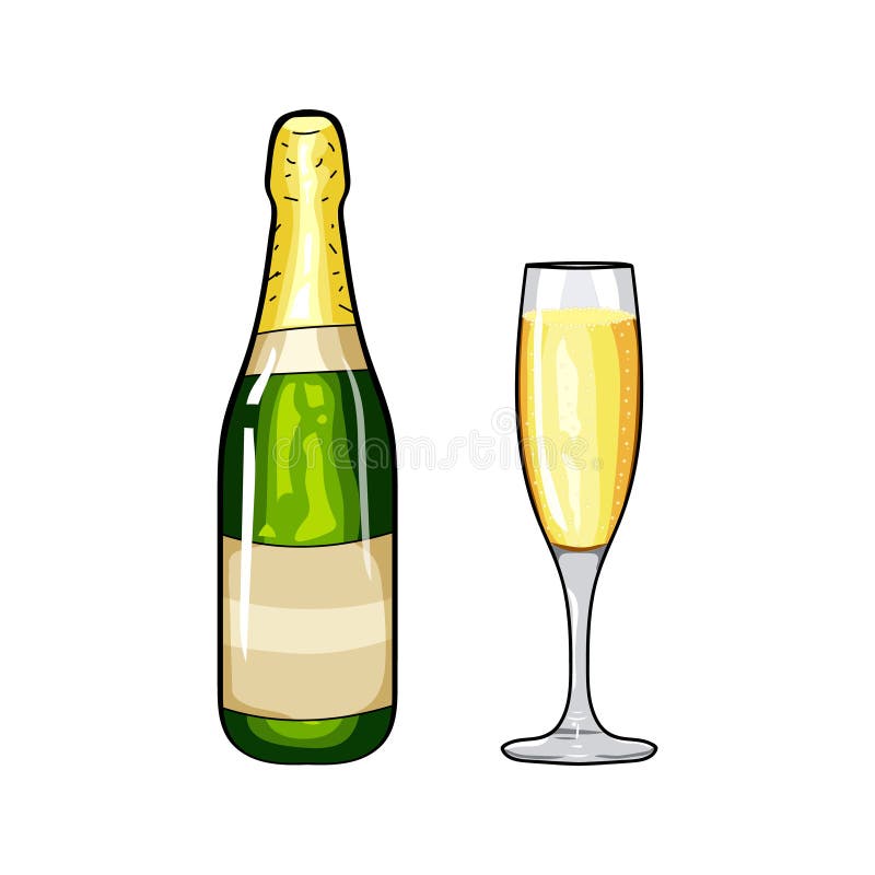 Champagne Bottle and Glass of Champagne. Design Element. Cartoon Style.  Hand Drawing. Vector Illustration. Stock Vector - Illustration of bubble,  isolated: 199776049