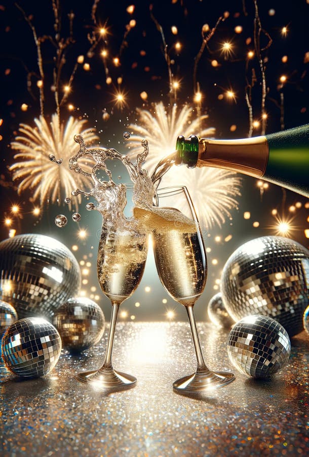Champagne bottle with two flutes over sparkling fireworks background. Party decoration disco balls and golden glitter stock illustration