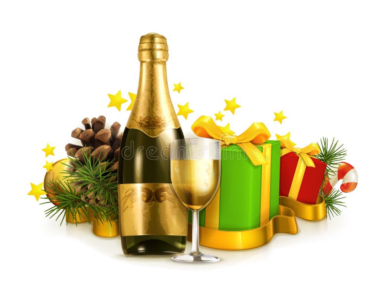 Champagne bottle and winter holidays gifts