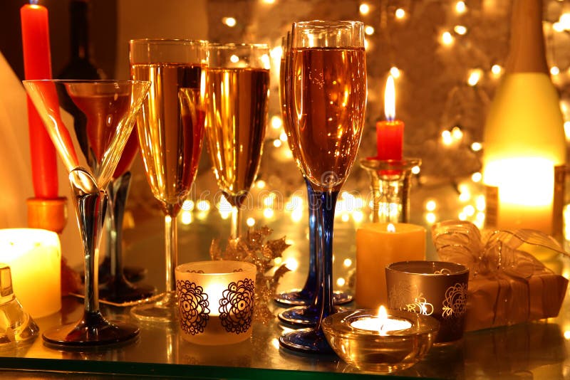 Champagne, Candle Lights and Gift. Stock Photo Image of party