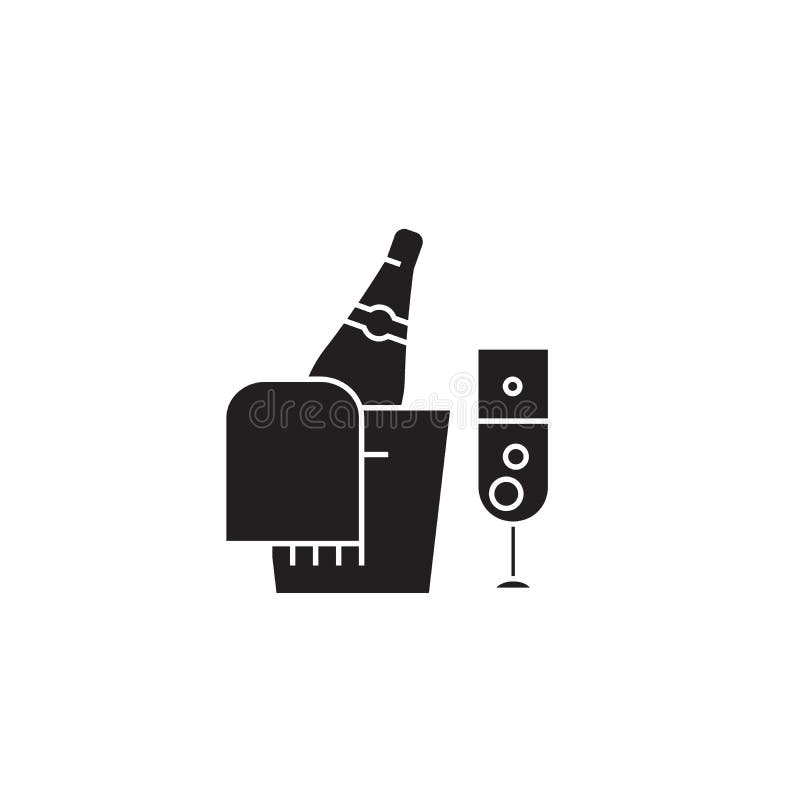 Champagne-fles en pictogram van het glas het zwarte vectorconcept Champagne-fles en glas vlakke illustratie, teken vector illustratie Champagne-fles en pictogram van het glas het zwarte vectorconcept Champagne-fles en glas vlakke illustratie, teken vector illustratie