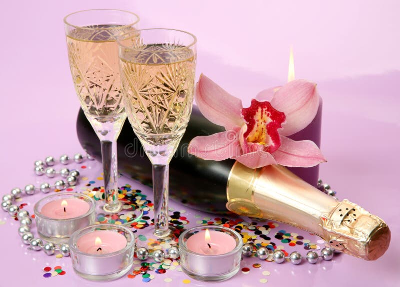 Champagne And Flowers Stock Photo. Image Of Confetti - 24567924