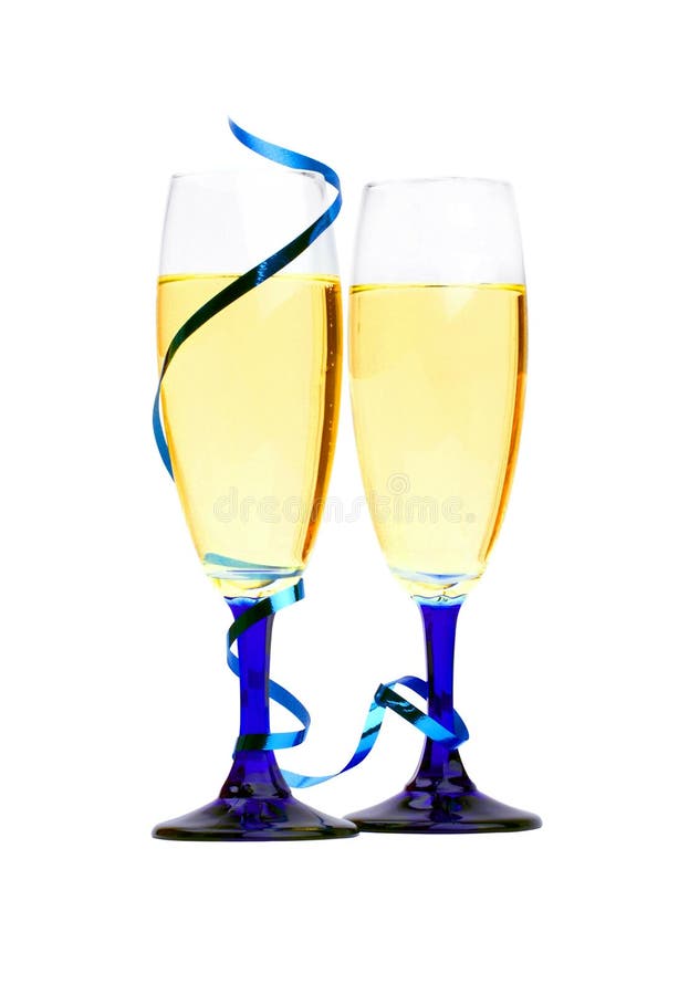Champagne Flutes with Blue Ribbon Closeup Stock Image Image of light, blue 6933607