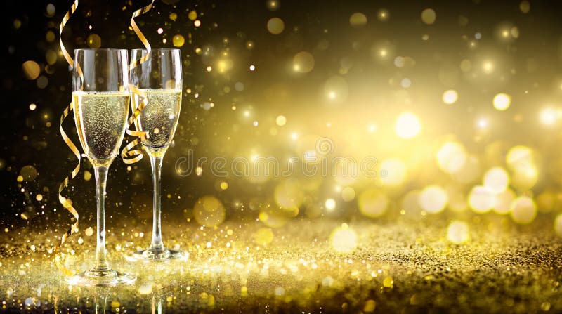Champagne Flutes In Golden Sparkle Background