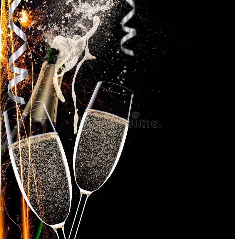 Champagne flutes on black background, celebration theme. Champagne flutes on black background, celebration theme.