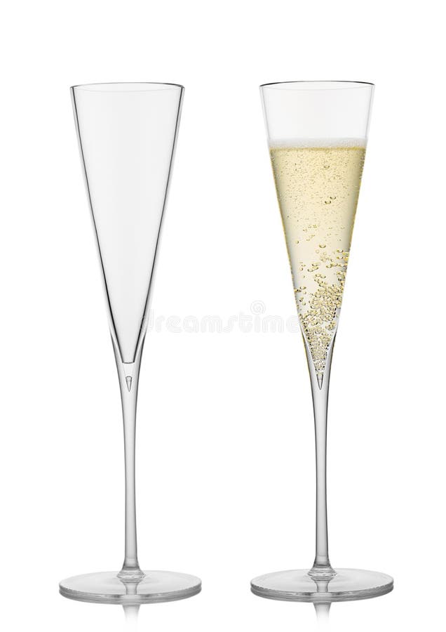 Champagne Full and Empty Fine Crystal Elegant Glasses on White
