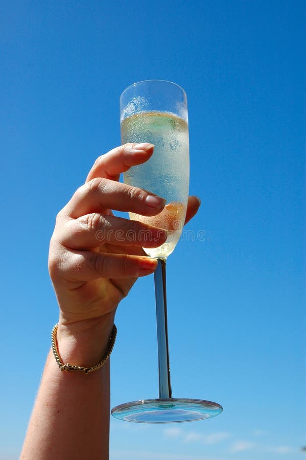 A hand of a woman lady with a full champagne glass in front of blue sky holding it high up to congratulate other women ladies and to celebrate the success on that party. A hand of a woman lady with a full champagne glass in front of blue sky holding it high up to congratulate other women ladies and to celebrate the success on that party.