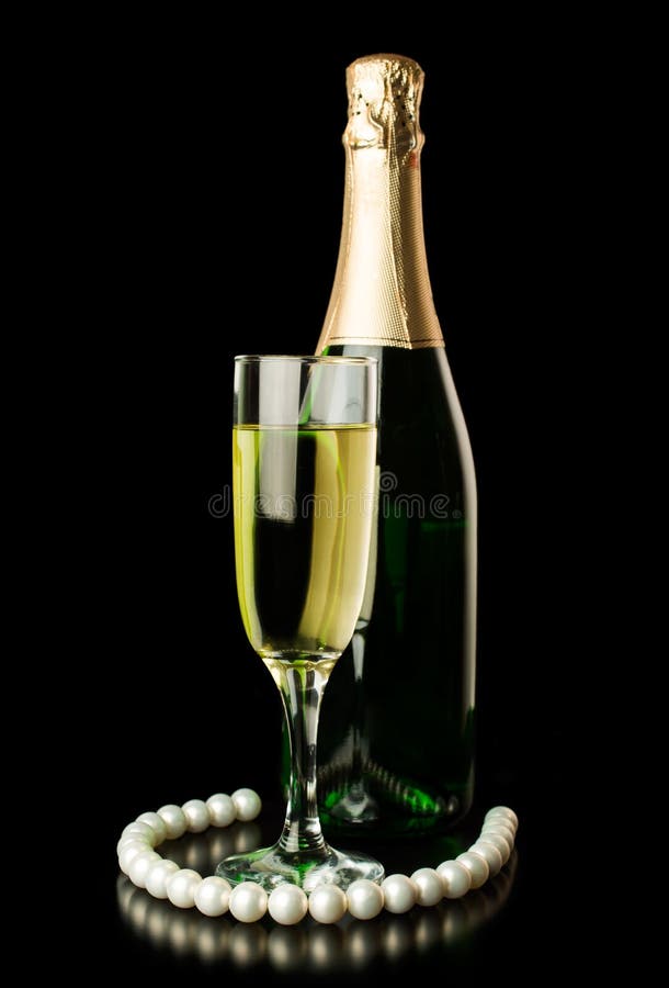 Champagne with a Glass and a Pearl Necklace Stock Photo Image of