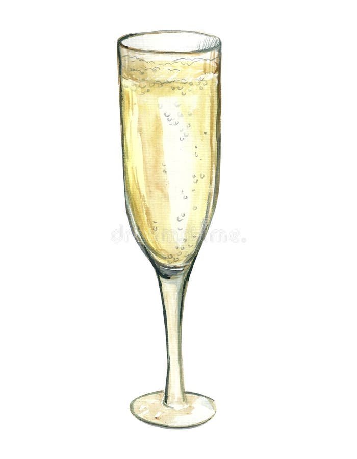 champagne glass, watercolor painting of sparkling wine isolated on white background, champagne hand drawn