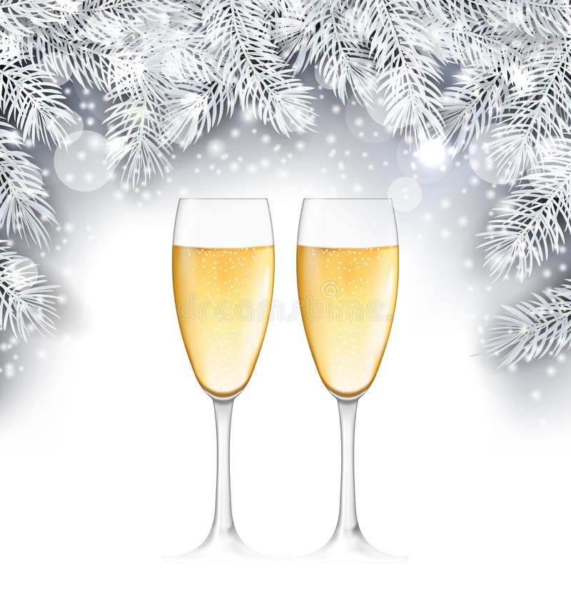 Champagne Glass, Weihnachtshintergrund mit den silbernen Zweigen stock abbildung
