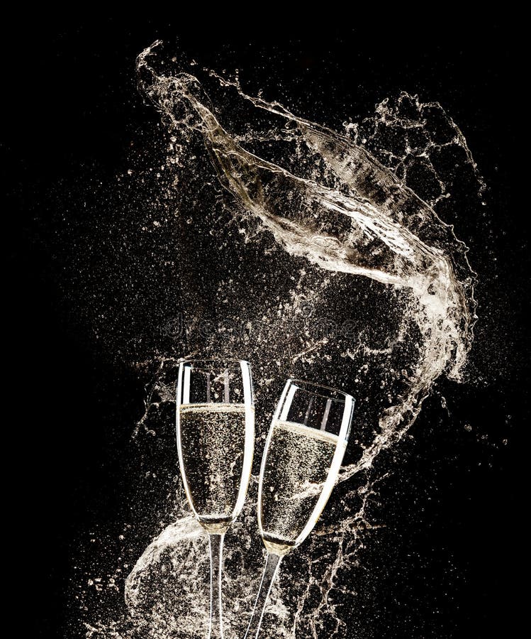 Champagne Glasses on Black Background Stock Image Image of spill