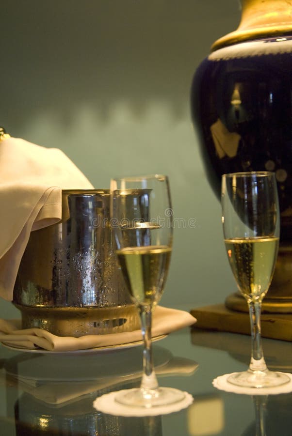 Champagne Glasses and Bottle in Hotel Suite Stock Image Image of