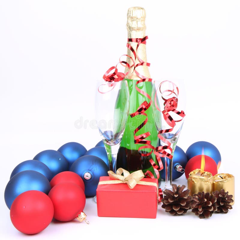 Champagne, glasses, christmas decoration