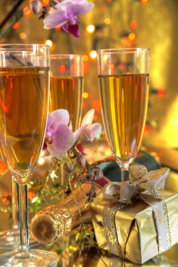 Champagne In Glasses,gift And Flowers Stock Photo Image of beverage