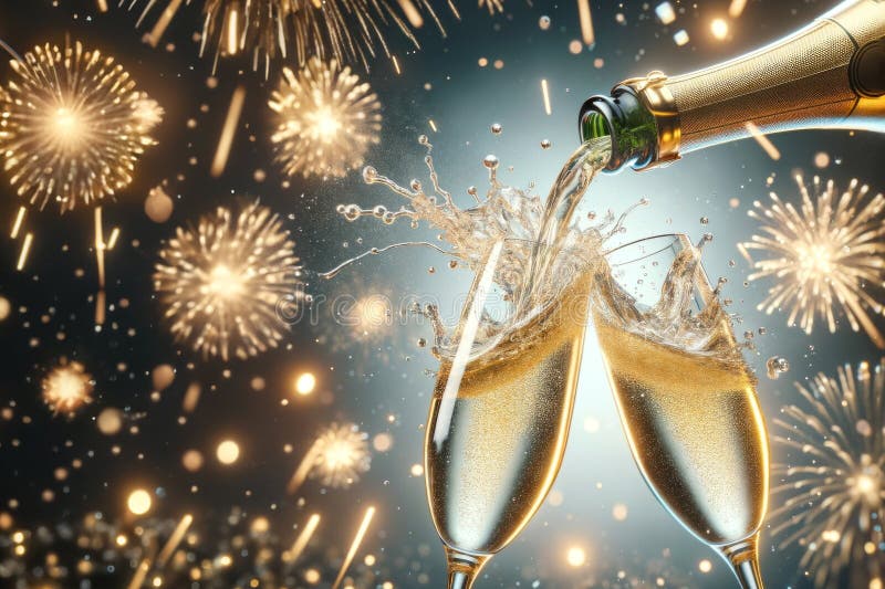 Champagne pouring into the flutes from a bottle. Sparkling fireworks and lights on festive background vector illustration