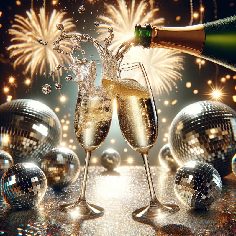 Champagne pouring into the flutes from a bottle. Sparkling fireworks and lights on festive background. New Year\'s Eve party vector illustration