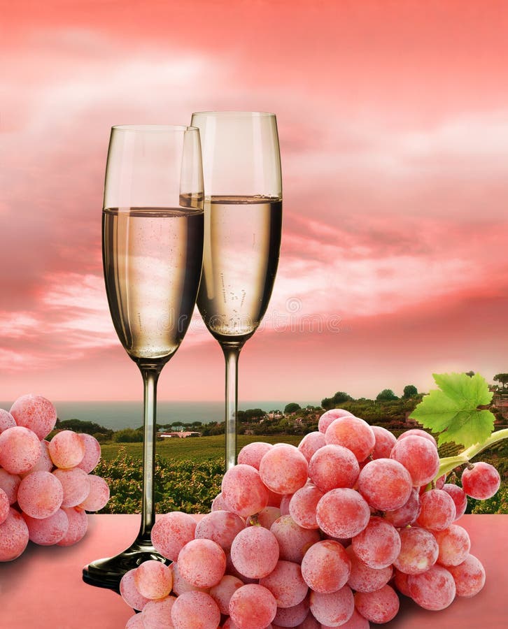 Champagne, raisins roses et vigne images stock Champagne, raisins roses et vigne images stock