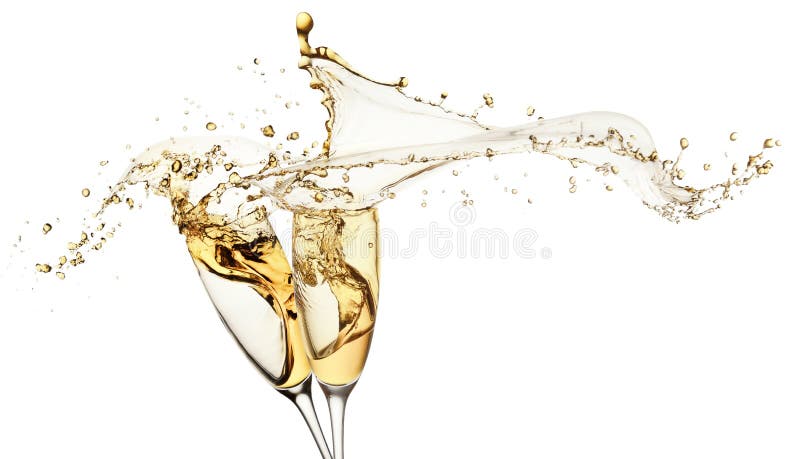 Champagne splashes from glasses isolated on the white background