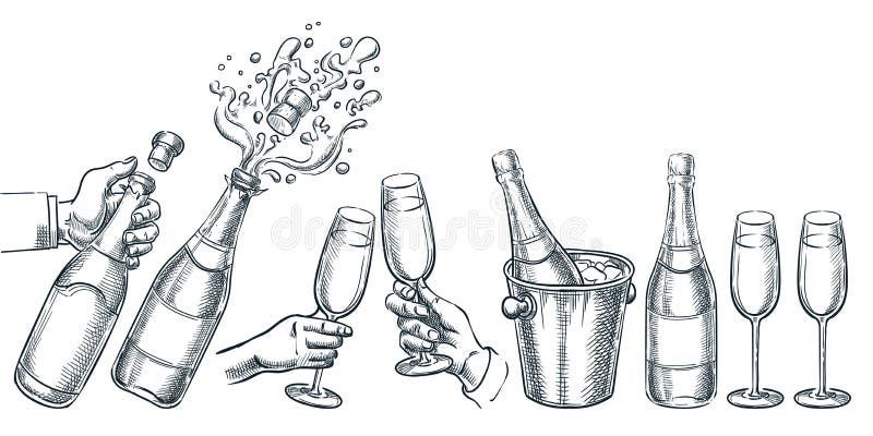 Champagne vector hand drawn sketch illustration. Human hand holding explosion champagne bottle and drinking glass. Holiday alcohol set, isolated on white