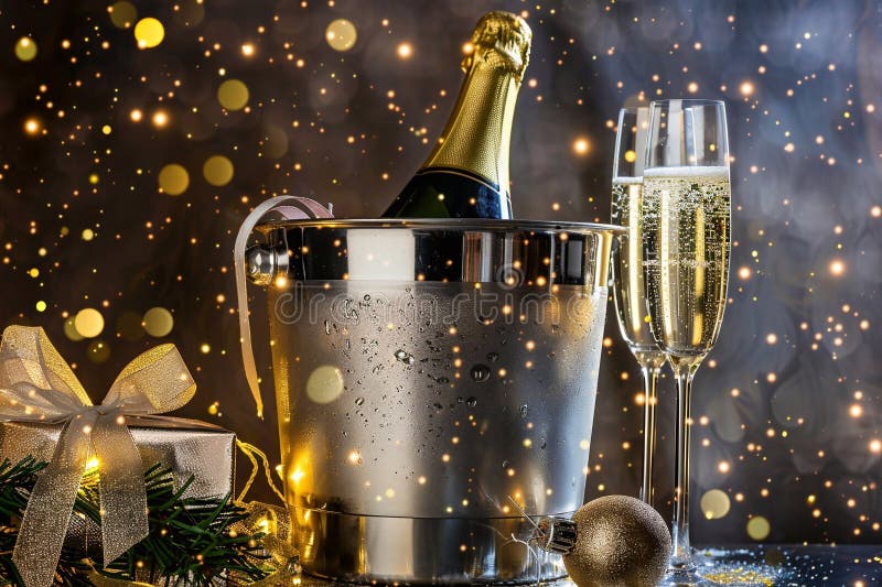 Champagneflaska i isbucket med två glas med julklampar nya år på glitter bakgrunden macroai generativ. Champagneflaska i isbucket med två glasögon med julklapp nya år gyllene dekorationer på glitterbakgrund generativ