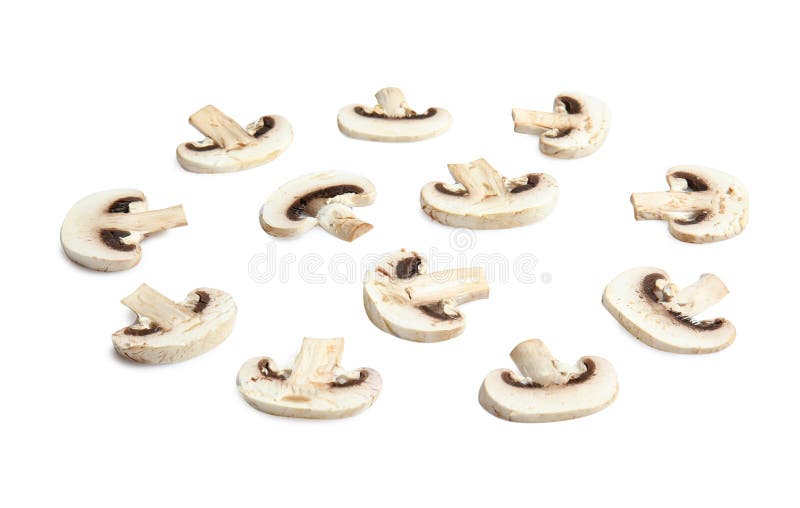 Cut mushrooms as layer for pizza isolated on white. Cut mushrooms as layer for pizza isolated on white