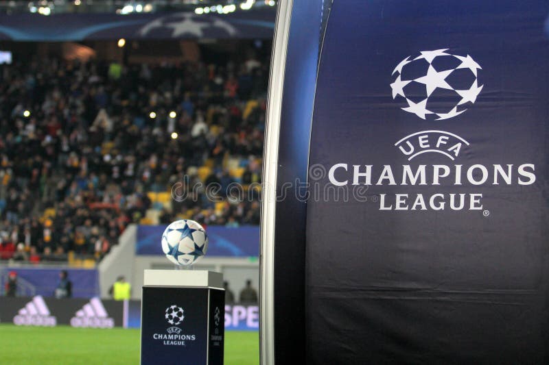 A general view of the Allianz Arena and UEFA Champions League branding  pitch side before the match Stock Photo - Alamy