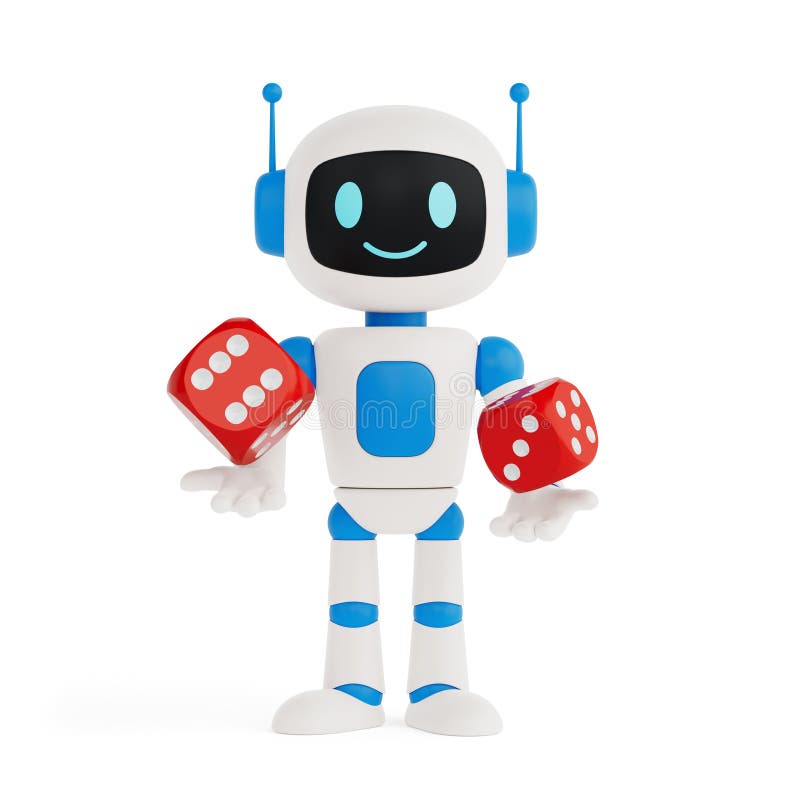 Chance und Entscheidungskonzept. Cute Friendly AI Robot Mascot Holding Red Dice in beiden Händen 3D Rendering lizenzfreies stockbild