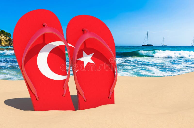 Chanclas con bandera turca en la playa. turquía resorts vacaciones viajes paquetes de viaje concepto 3d renderización libre illustration