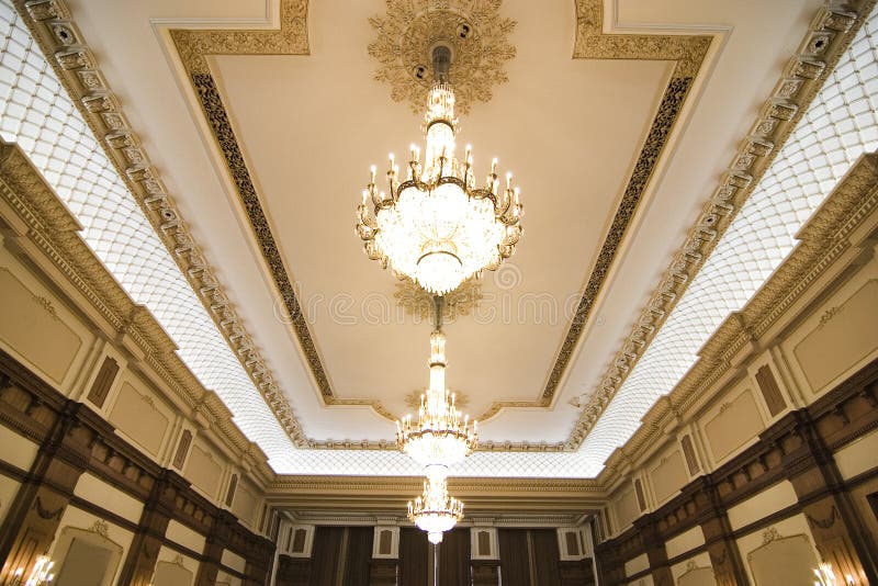 chandeliers on ornate ceiling