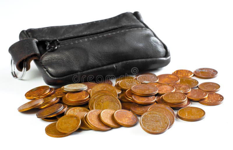 Change purse and coins over white background