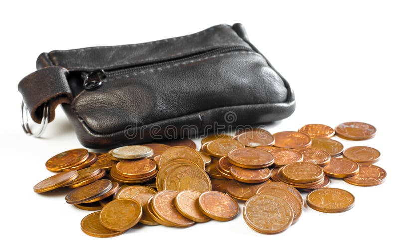 Change purse and coins over white background