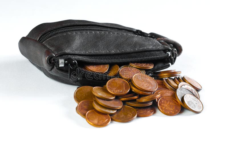 Change purse and coins over white background