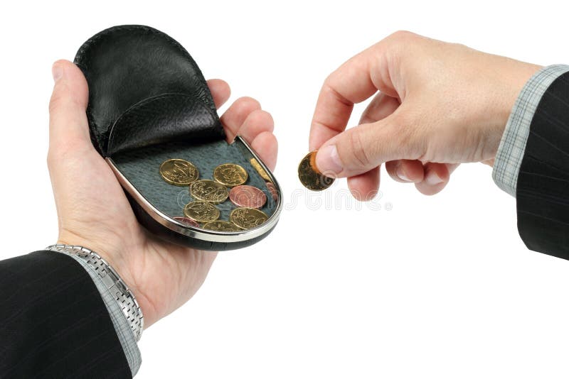 A change purse on a palm, hold a coin on a white background