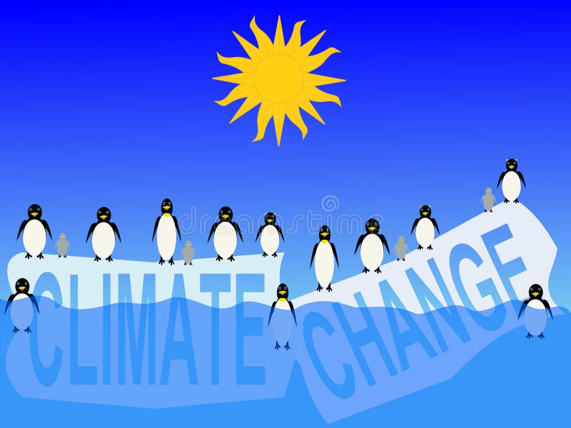 Climate change with penguins on icebergs illustration. Climate change with penguins on icebergs illustration