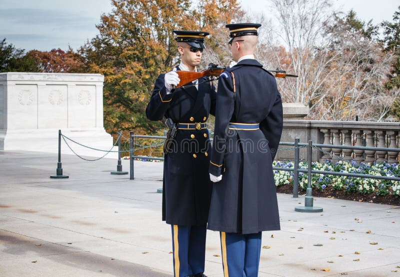 The guard at the Tomb of the Unknown Solider in Arlington National Cemetery, Virginia, is changed every hour on the hour in a meticulous ritual ceremony. The guard at the Tomb of the Unknown Solider in Arlington National Cemetery, Virginia, is changed every hour on the hour in a meticulous ritual ceremony.