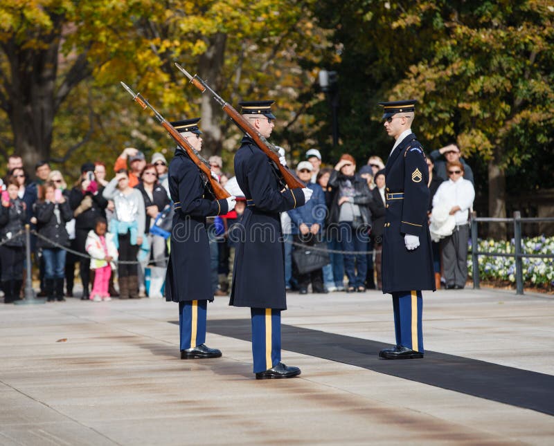 The guard at the Tomb of the Unknown Solider in Arlington National Cemetery, Virginia, is changed every hour on the hour in a meticulous ritual ceremony. The guard at the Tomb of the Unknown Solider in Arlington National Cemetery, Virginia, is changed every hour on the hour in a meticulous ritual ceremony.