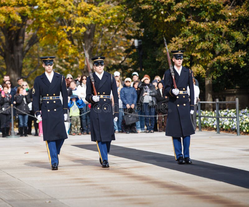 The guard at the Tomb of the Unknown Solider in Arlington National Cemetery, Virginia, is changed every hour on the hour in a meticulous ritual ceremony. The guard at the Tomb of the Unknown Solider in Arlington National Cemetery, Virginia, is changed every hour on the hour in a meticulous ritual ceremony.