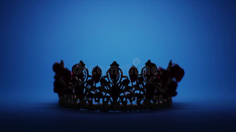 Changing light shows gold tiara with red gemstones on blue