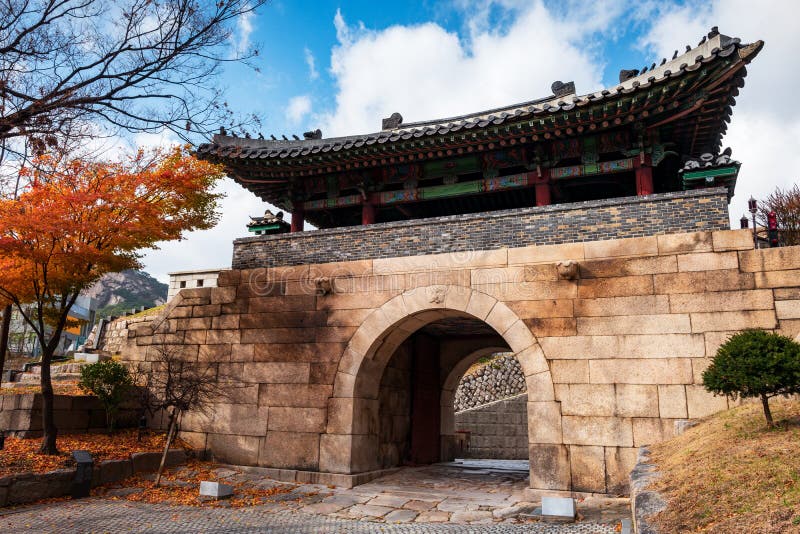 Changuimun Gate rear side view in autumn, one of the Eight Gates of Seoul in the fortress wall of Seoul, South Korea royalty free stock image Changuimun Gate rear side view in autumn, one of the Eight Gates of Seoul in the fortress wall of Seoul, South Korea royalty free stock image