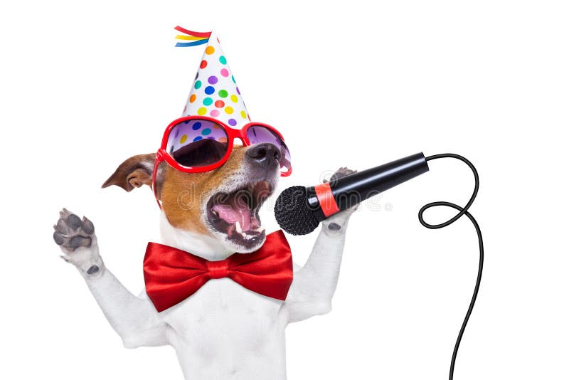 Jack russell dog as a surprise, singing birthday song like karaoke with microphone wearing red tie and party hat , isolated on white background. Jack russell dog as a surprise, singing birthday song like karaoke with microphone wearing red tie and party hat , isolated on white background