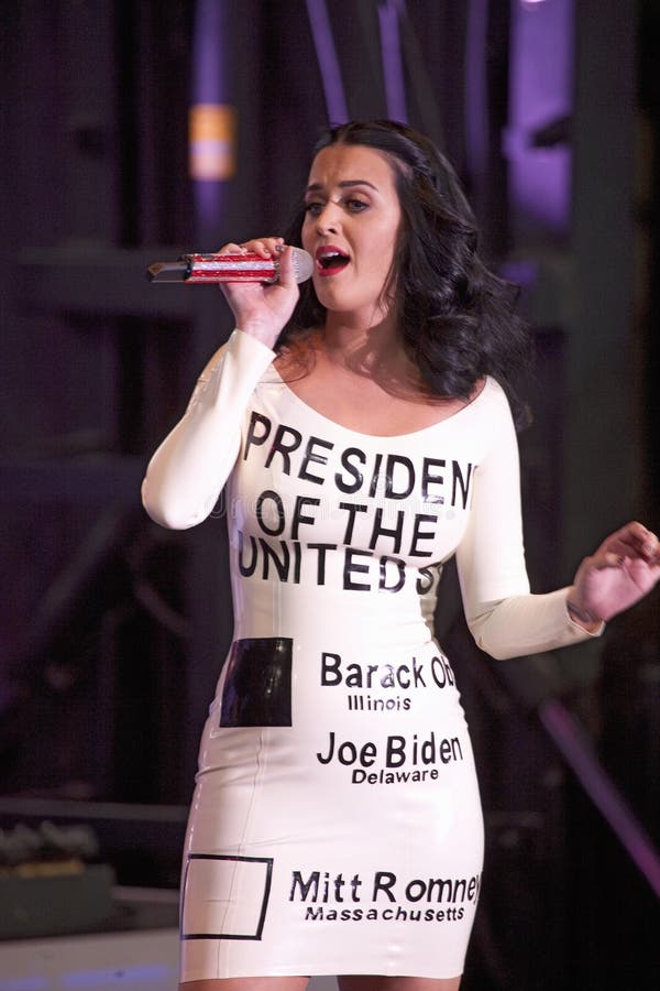Pop singer Katy Perry wears a ballot dress while singing during a President Barack Obama Campaign Rally, October 24, 2012, Doolittle Park, Las Vegas, Nevada. Pop singer Katy Perry wears a ballot dress while singing during a President Barack Obama Campaign Rally, October 24, 2012, Doolittle Park, Las Vegas, Nevada