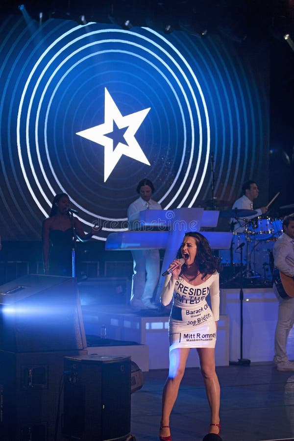 Pop singer Katy Perry wears a ballot dress while singing during a President Barack Obama Campaign Rally, October 24, 2012, Doolittle Park, Las Vegas, Nevada. Pop singer Katy Perry wears a ballot dress while singing during a President Barack Obama Campaign Rally, October 24, 2012, Doolittle Park, Las Vegas, Nevada