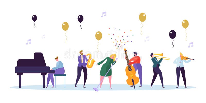 Chanteuse et Jazz Band Concert Image Musicien Character avec le violon de piano de saxophone de contrebasse d'instrument de musiq illustration stock Chanteuse et Jazz Band Concert Image Musicien Character avec le violon de piano de saxophone de contrebasse d'instrument de musiq illustration stock