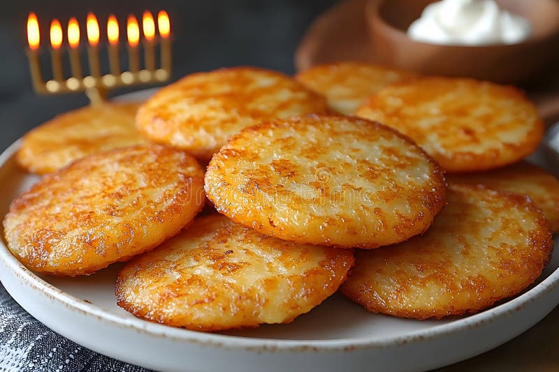 Chanuka Celebration Latkes with Menorah Perfect for Holiday Gatherings and Feous Decor Generative AI royalty ilustracja