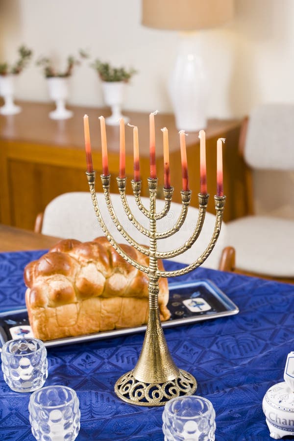 Menorah on Wooden Table, Hanukkah Celebration Stock Image Image of