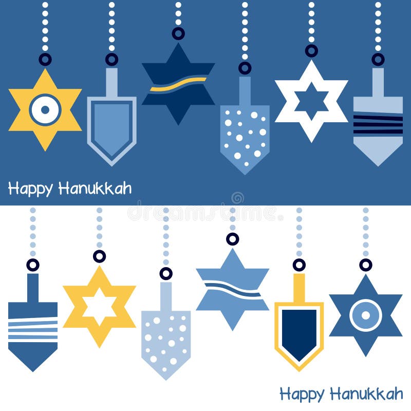 Two Happy Hanukkah banners greeting card with stylized hanging decorations (star of David and dreidel). Eps file available. Two Happy Hanukkah banners greeting card with stylized hanging decorations (star of David and dreidel). Eps file available.